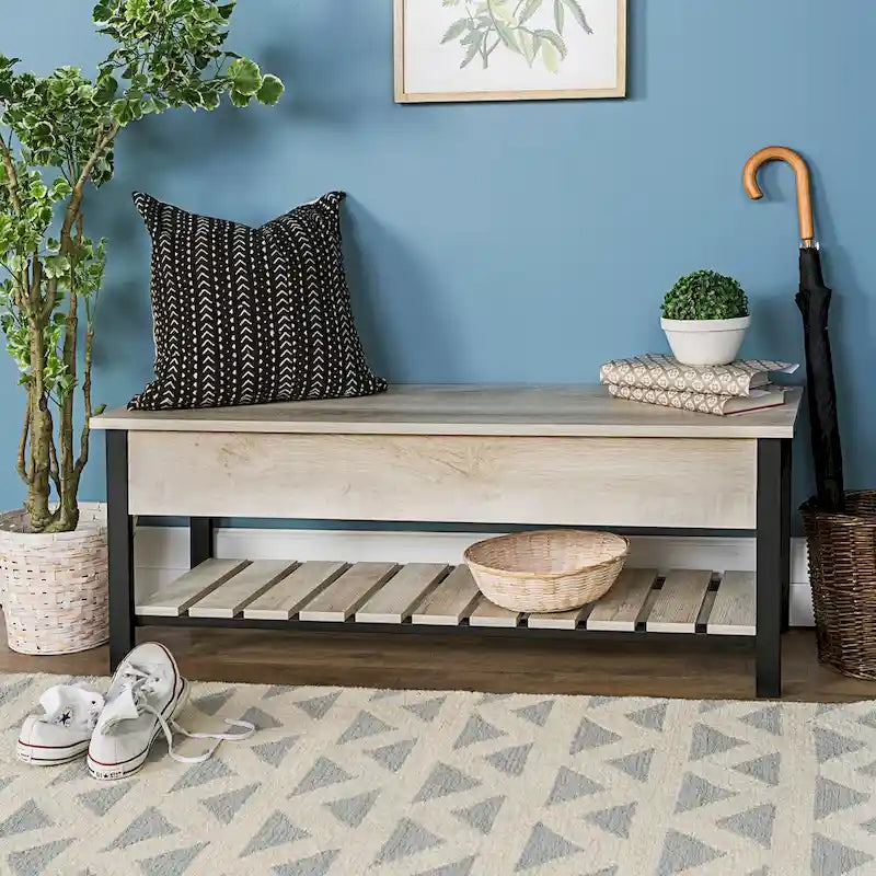 Banc de rangement à abattant, Chêne Blanc/Gris Lavé/Bois de Grange/Noyer Foncé, 1 personne
