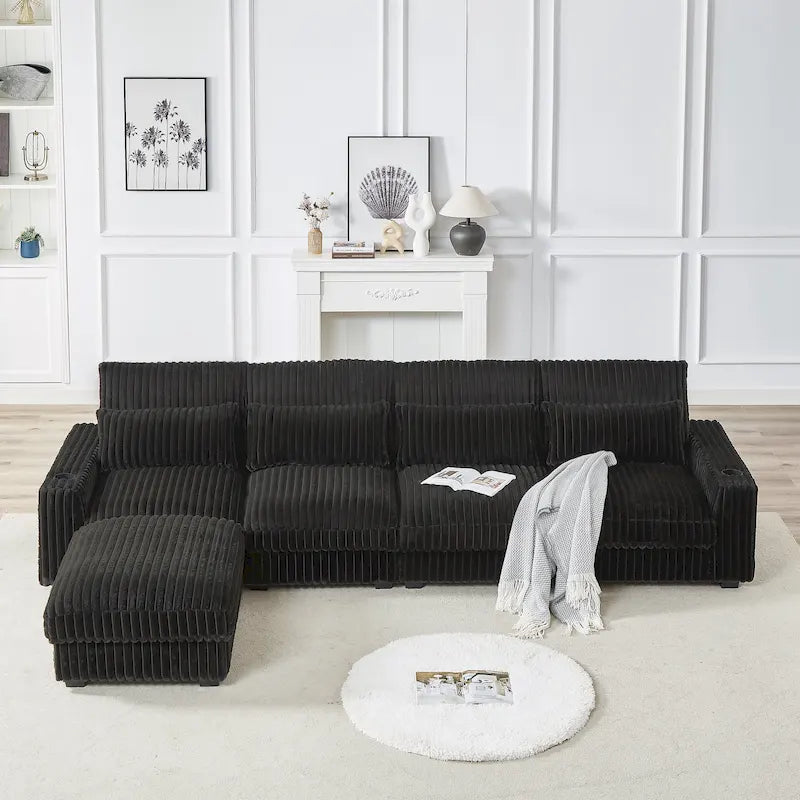 Canapé d'angle en velours côtelé noir/gris/beige/vert armée avec port USB, 4-5 places
