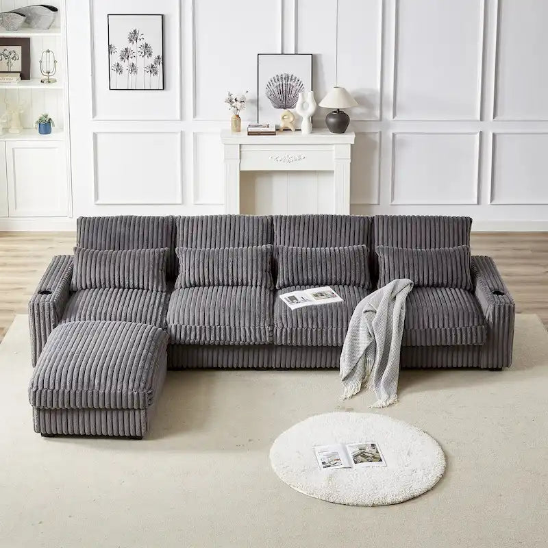 Canapé d'angle en velours côtelé noir/gris/beige/vert armée avec port USB, 4-5 places