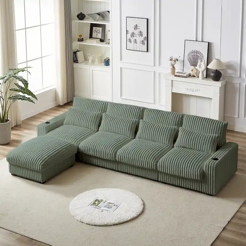 Canapé d'angle en velours côtelé noir/gris/beige/vert armée avec port USB, 4-5 places