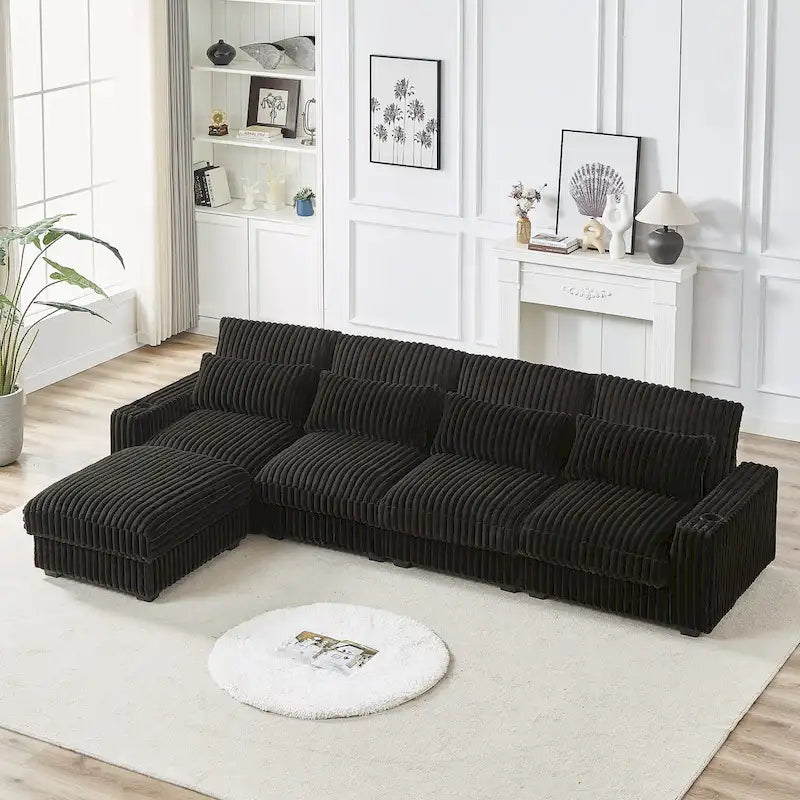 Canapé d'angle en velours côtelé noir/gris/beige/vert armée avec port USB, 4-5 places