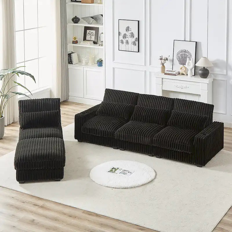 Canapé d'angle en velours côtelé noir/gris/beige/vert armée avec port USB, 4-5 places