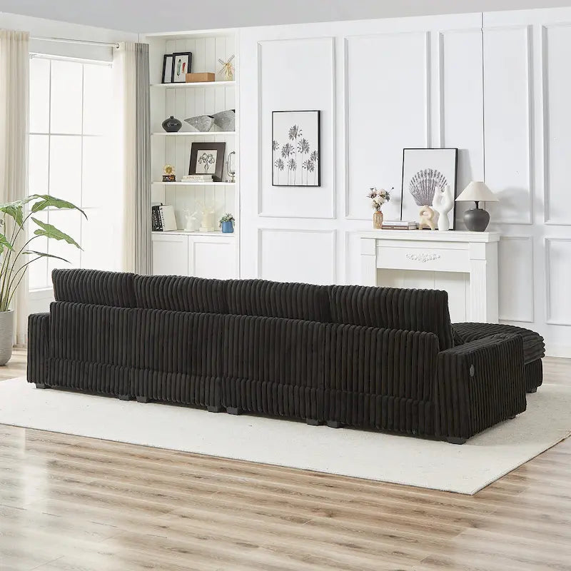 Canapé d'angle en velours côtelé noir/gris/beige/vert armée avec port USB, 4-5 places