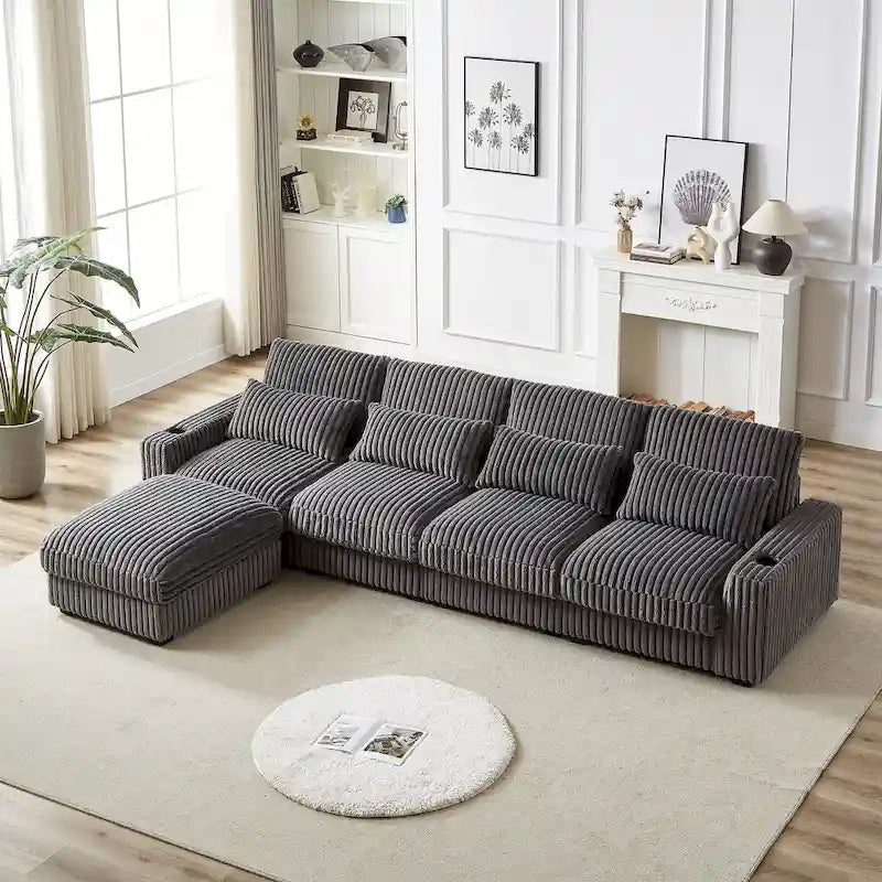 Canapé d'angle en velours côtelé noir/gris/beige/vert armée avec port USB, 4-5 places
