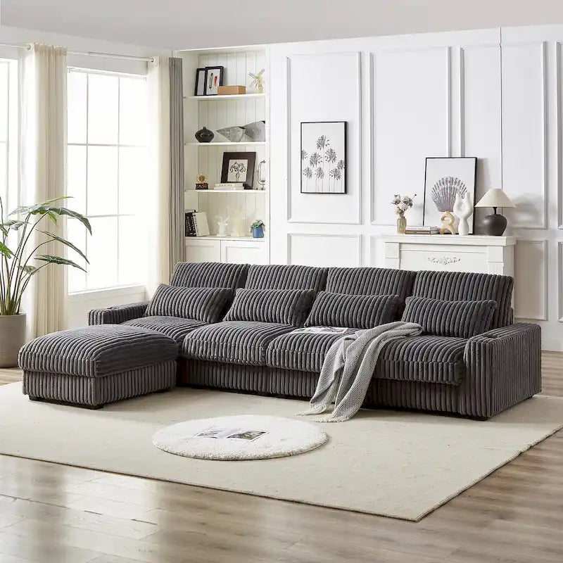 Canapé d'angle en velours côtelé noir/gris/beige/vert armée avec port USB, 4-5 places