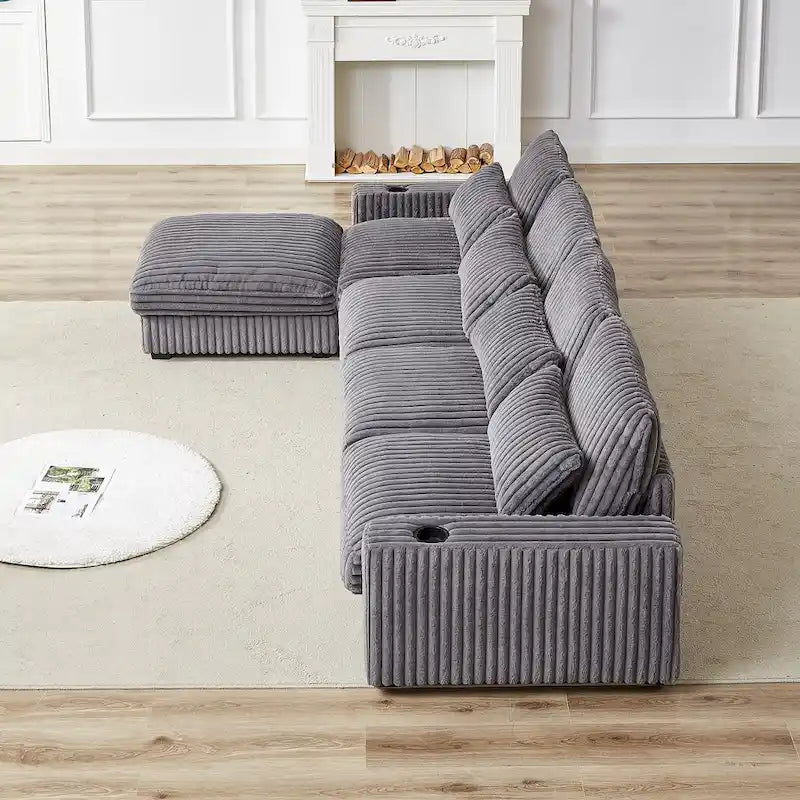 Canapé d'angle en velours côtelé noir/gris/beige/vert armée avec port USB, 4-5 places