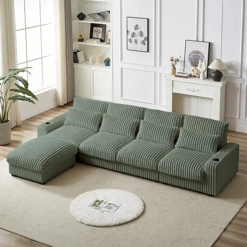 Canapé d'angle en velours côtelé noir/gris/beige/vert armée avec port USB, 4-5 places