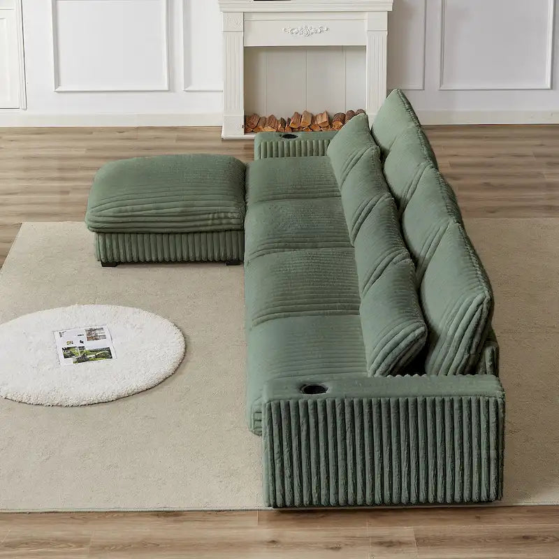 Canapé d'angle en velours côtelé noir/gris/beige/vert armée avec port USB, 4-5 places
