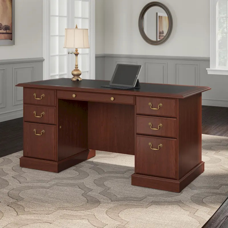 Bureau de direction de 66 po avec tiroirs – Cerisier de récolte / Gris moderne / Chêne blanc lin, un seul utilisateur