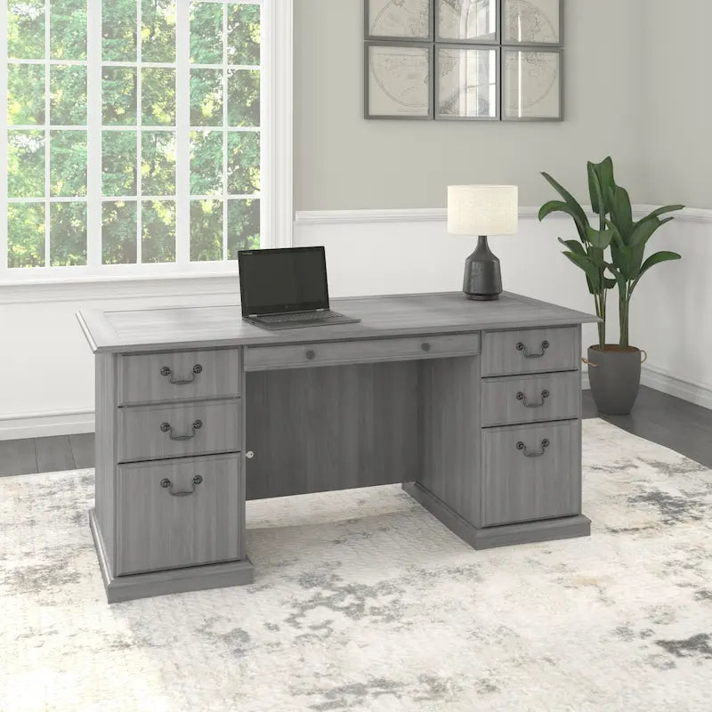 Bureau de direction de 66 po avec tiroirs – Cerisier de récolte / Gris moderne / Chêne blanc lin, un seul utilisateur