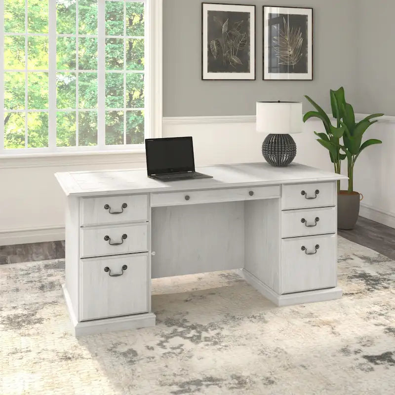Bureau de direction de 66 po avec tiroirs – Cerisier de récolte / Gris moderne / Chêne blanc lin, un seul utilisateur