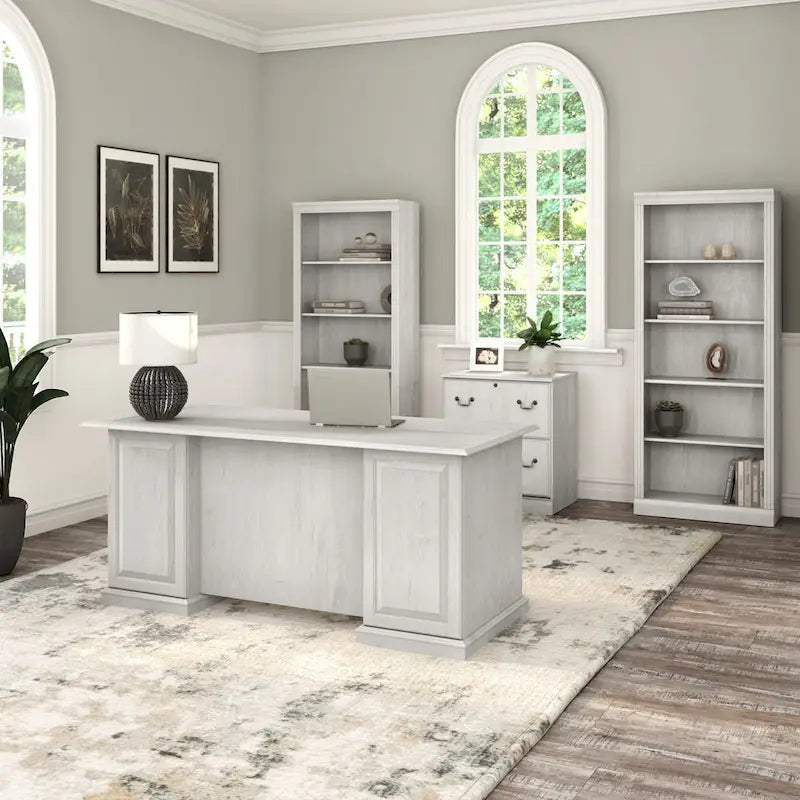 Bureau de direction de 66 po avec tiroirs – Cerisier de récolte / Gris moderne / Chêne blanc lin, un seul utilisateur