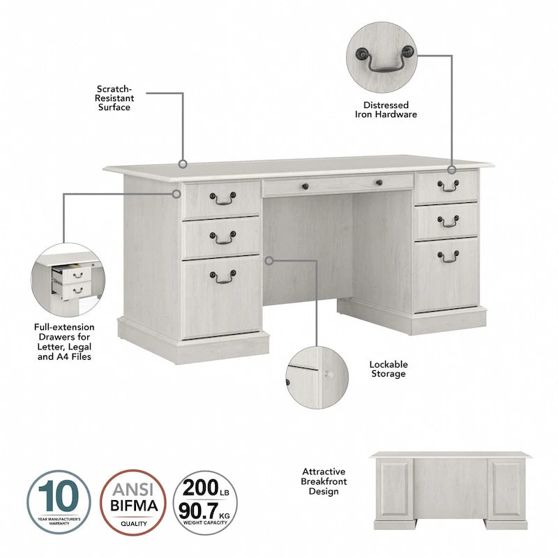 Bureau de direction de 66 po avec tiroirs – Cerisier de récolte / Gris moderne / Chêne blanc lin, un seul utilisateur