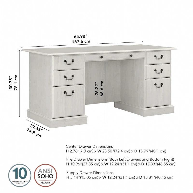 Bureau de direction de 66 po avec tiroirs – Cerisier de récolte / Gris moderne / Chêne blanc lin, un seul utilisateur
