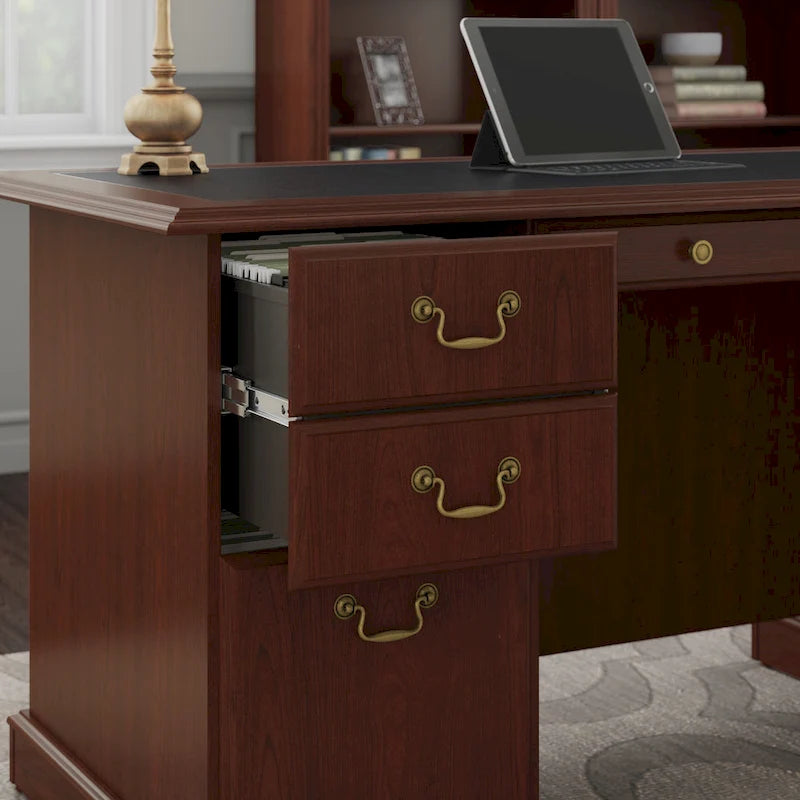 Bureau de direction de 66 po avec tiroirs – Cerisier de récolte / Gris moderne / Chêne blanc lin, un seul utilisateur