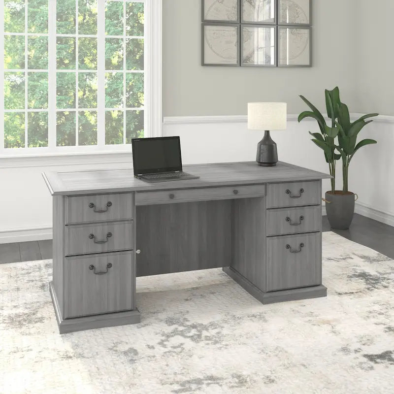 Bureau de direction de 66 po avec tiroirs – Cerisier de récolte / Gris moderne / Chêne blanc lin, un seul utilisateur