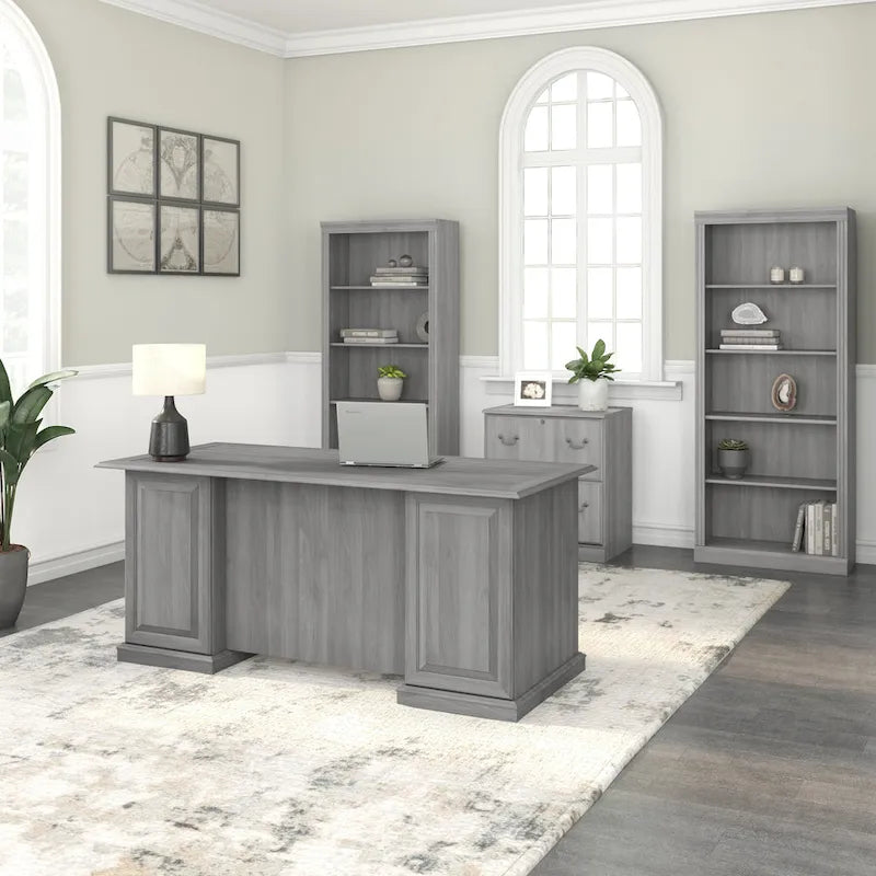 Bureau de direction de 66 po avec tiroirs – Cerisier de récolte / Gris moderne / Chêne blanc lin, un seul utilisateur