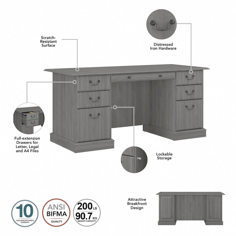 Bureau de direction de 66 po avec tiroirs – Cerisier de récolte / Gris moderne / Chêne blanc lin, un seul utilisateur