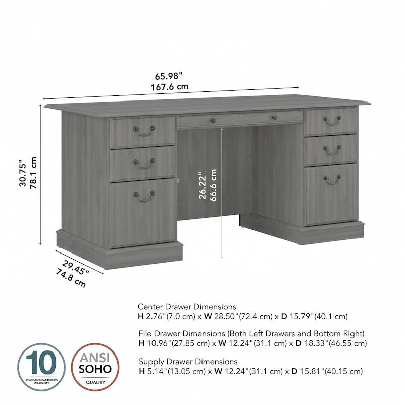 Bureau de direction de 66 po avec tiroirs – Cerisier de récolte / Gris moderne / Chêne blanc lin, un seul utilisateur