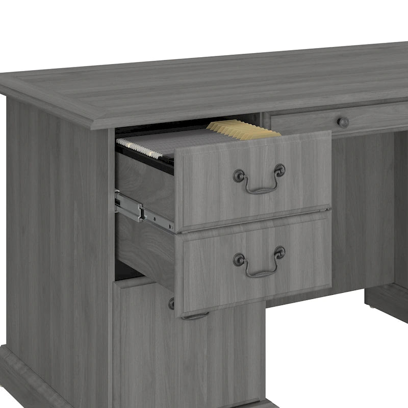 Bureau de direction de 66 po avec tiroirs – Cerisier de récolte / Gris moderne / Chêne blanc lin, un seul utilisateur