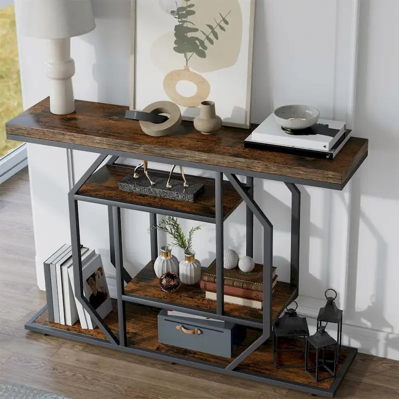 Console industrielle noire et marron rustique, 4 étagères, montage par 1 personne