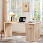 Bureau d'ordinateur cannelé 60" avec classeur réversible – Chêne naturel / Vert grisâtre / Blanc cassé, monoposte