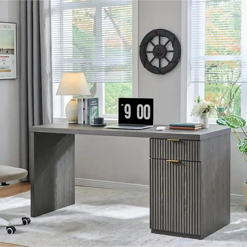 Bureau d'ordinateur cannelé 60" avec classeur réversible – Chêne naturel / Vert grisâtre / Blanc cassé, monoposte
