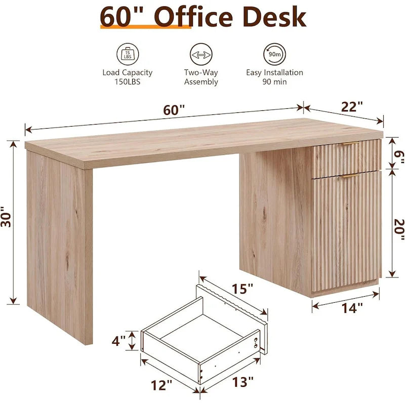 Bureau d'ordinateur cannelé 60" avec classeur réversible – Chêne naturel / Vert grisâtre / Blanc cassé, monoposte