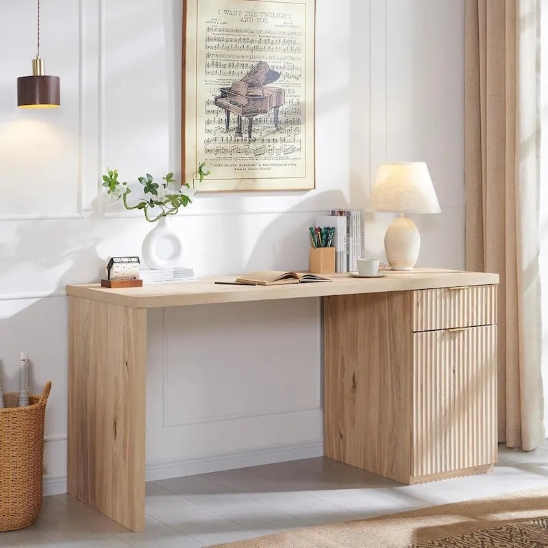 Bureau d'ordinateur cannelé 60" avec classeur réversible – Chêne naturel / Vert grisâtre / Blanc cassé, monoposte