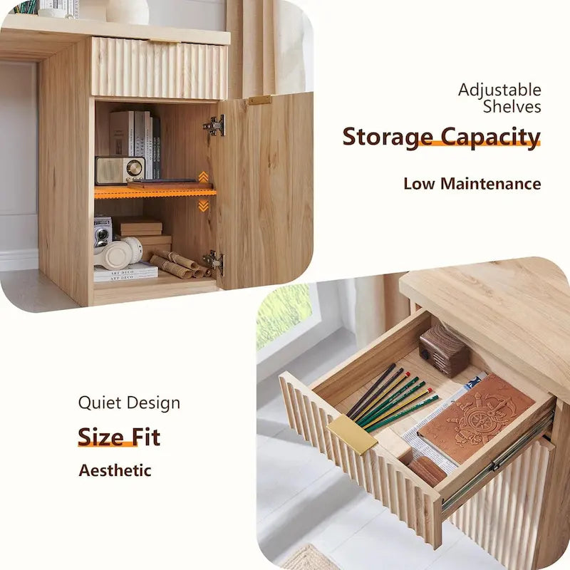 Bureau d'ordinateur cannelé 60" avec classeur réversible – Chêne naturel / Vert grisâtre / Blanc cassé, monoposte