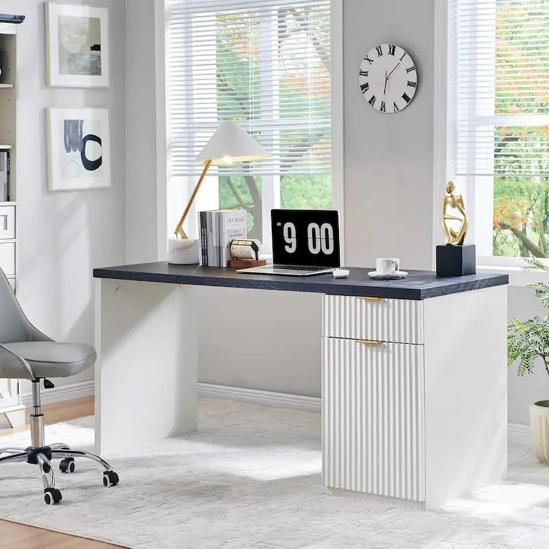 Bureau d'ordinateur cannelé 60" avec classeur réversible – Chêne naturel / Vert grisâtre / Blanc cassé, monoposte