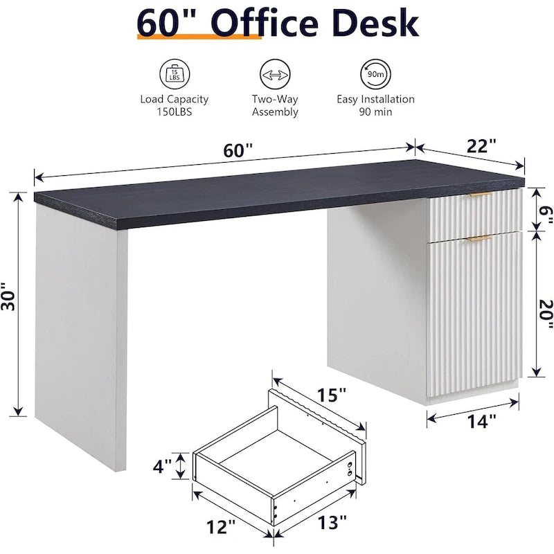 Bureau d'ordinateur cannelé 60" avec classeur réversible – Chêne naturel / Vert grisâtre / Blanc cassé, monoposte