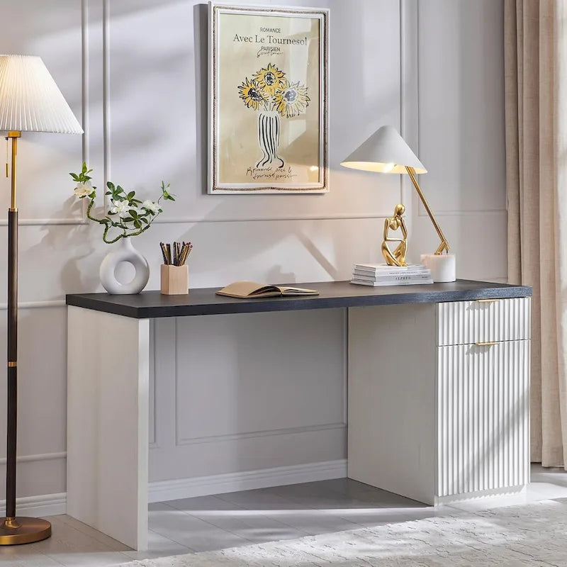 Bureau d'ordinateur cannelé 60" avec classeur réversible – Chêne naturel / Vert grisâtre / Blanc cassé, monoposte