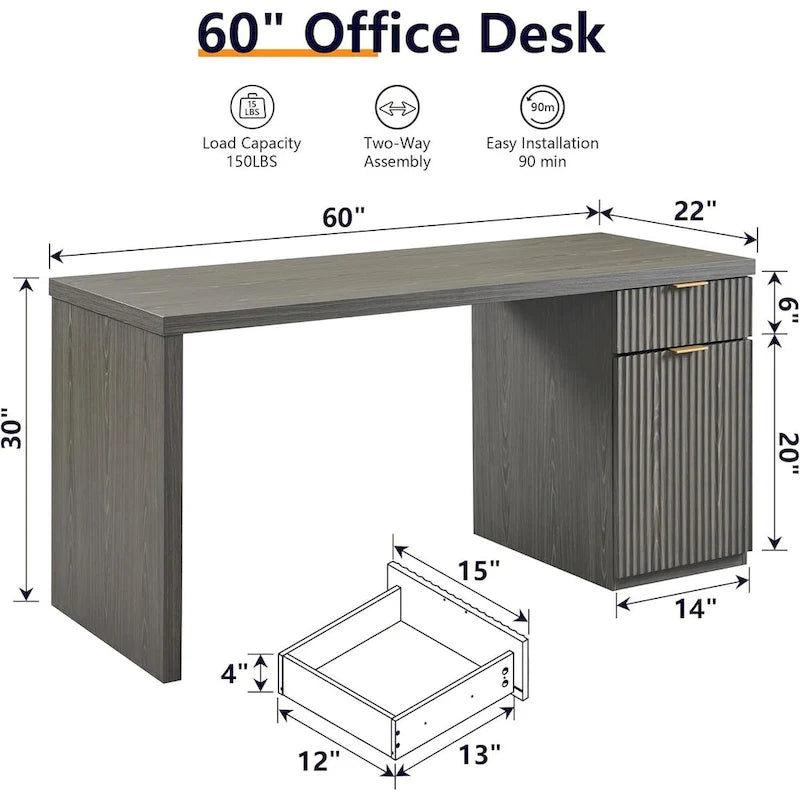 Bureau d'ordinateur cannelé 60" avec classeur réversible – Chêne naturel / Vert grisâtre / Blanc cassé, monoposte