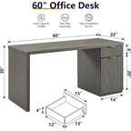 Bureau d'ordinateur cannelé 60" avec classeur réversible – Chêne naturel / Vert grisâtre / Blanc cassé, monoposte