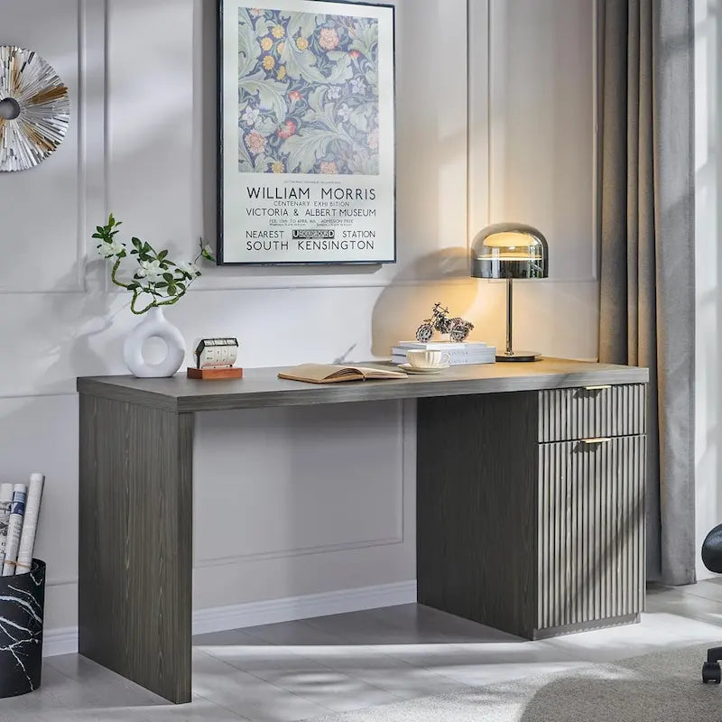 Bureau d'ordinateur cannelé 60" avec classeur réversible – Chêne naturel / Vert grisâtre / Blanc cassé, monoposte