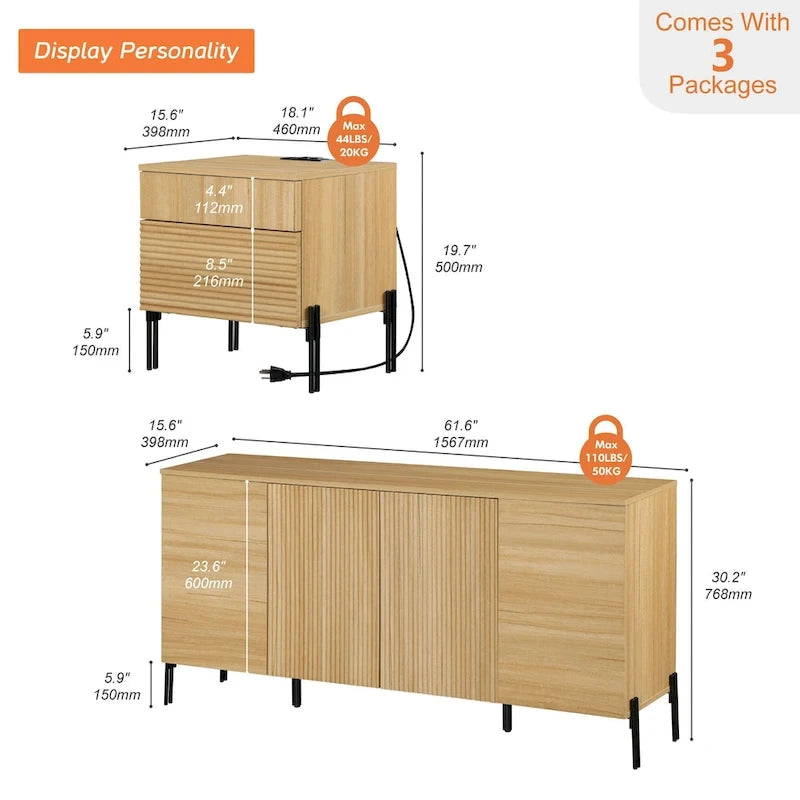 Ensemble de chambre à coucher 3 pièces en chêne – Commode + 2 tables de chevet (pour 1 à 2 personnes)