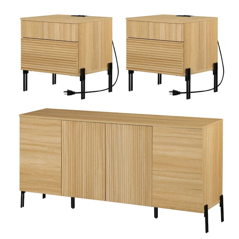Ensemble de chambre à coucher 3 pièces en chêne – Commode + 2 tables de chevet (pour 1 à 2 personnes)