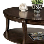 Table basse ovale noyer marron avec étagère ouverte, style transitionnel