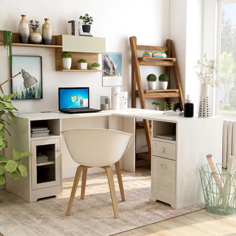 Bureau d'angle en L Chêne blanc / Gris foncé, Style transitionnel, 1 personne