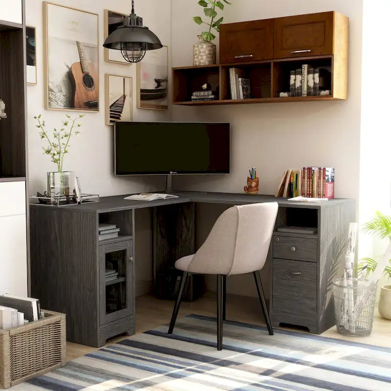 Bureau d'angle en L Chêne blanc / Gris foncé, Style transitionnel, 1 personne
