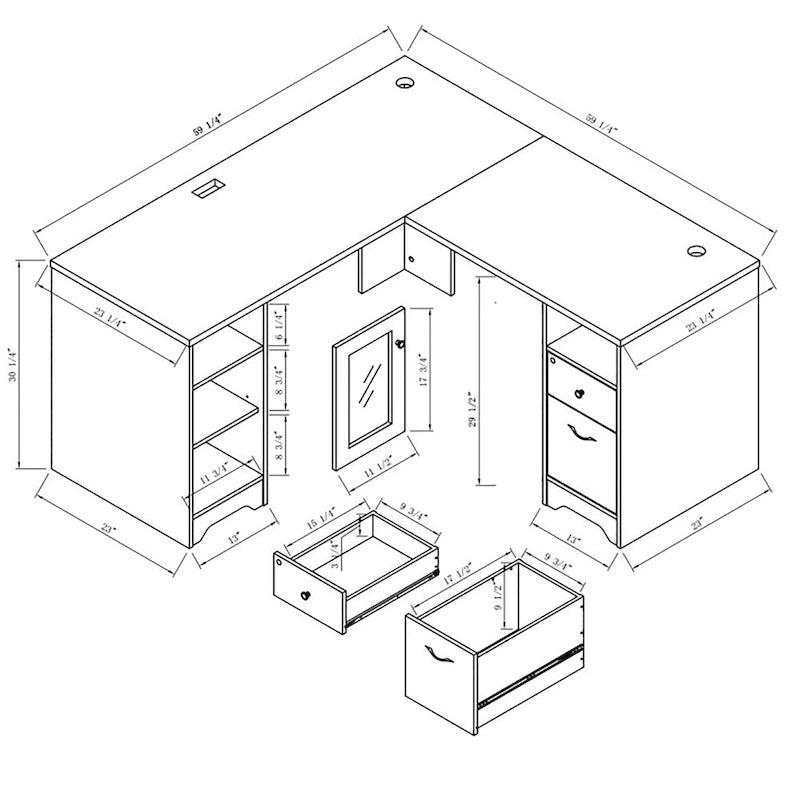 Bureau d'angle en L Chêne blanc / Gris foncé, Style transitionnel, 1 personne