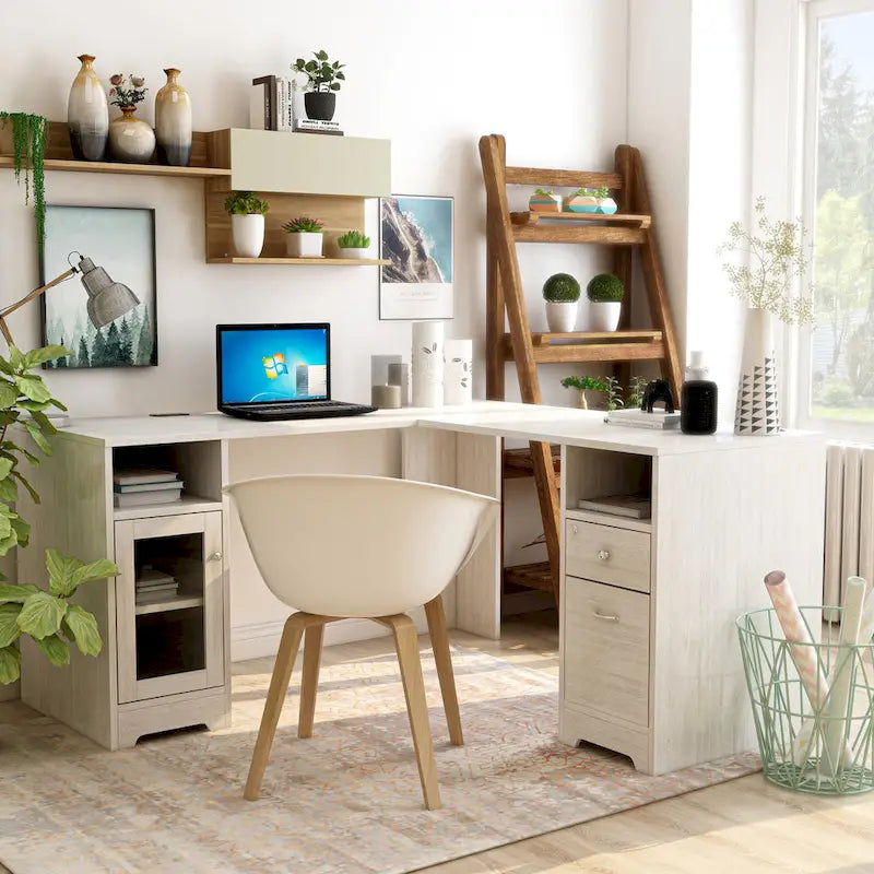 Bureau d'angle en L Chêne blanc / Gris foncé, Style transitionnel, 1 personne