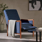 Fauteuil inclinable à dossier basculant avec surpiqûres, tissu, bleu marine/sable/gris avec cadre en noyer, 1 place