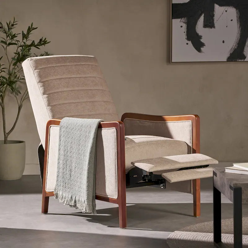 Fauteuil inclinable à dossier basculant avec surpiqûres, tissu, bleu marine/sable/gris avec cadre en noyer, 1 place