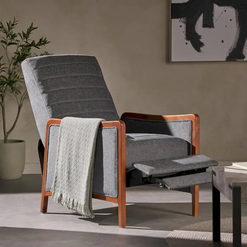 Fauteuil inclinable à dossier basculant avec surpiqûres, tissu, bleu marine/sable/gris avec cadre en noyer, 1 place