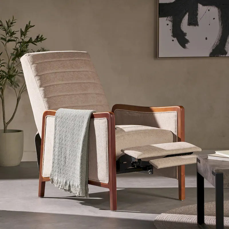 Fauteuil inclinable à dossier basculant avec surpiqûres, tissu, bleu marine/sable/gris avec cadre en noyer, 1 place