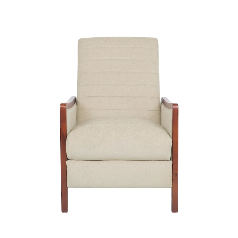 Fauteuil inclinable à dossier basculant avec surpiqûres, tissu, bleu marine/sable/gris avec cadre en noyer, 1 place
