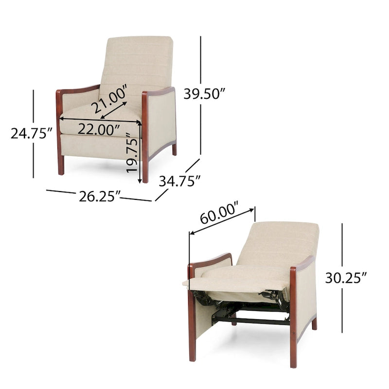 Fauteuil inclinable à dossier basculant avec surpiqûres, tissu, bleu marine/sable/gris avec cadre en noyer, 1 place