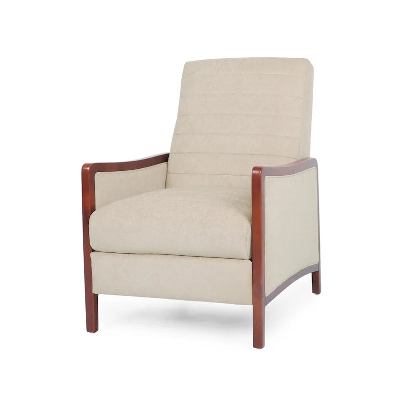 Fauteuil inclinable à dossier basculant avec surpiqûres, tissu, bleu marine/sable/gris avec cadre en noyer, 1 place